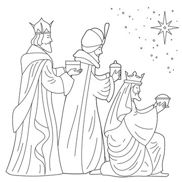 Bible coloring page. Nativity scene. Three wise kings card. 3 magi men bringing gifts to Jesus. Christian religious illustration. Happy epiphany day line art design for coloring book. Vector.