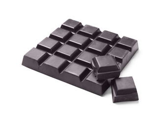 Pieces of delicious dark chocolate isolated on white
