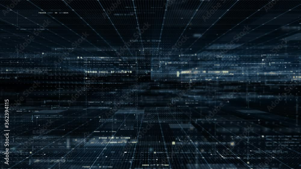 Poster Futuristic digital generated motion abstract matrix cyber environment big data analytic artificial intelligent simulation, loop video for digital background