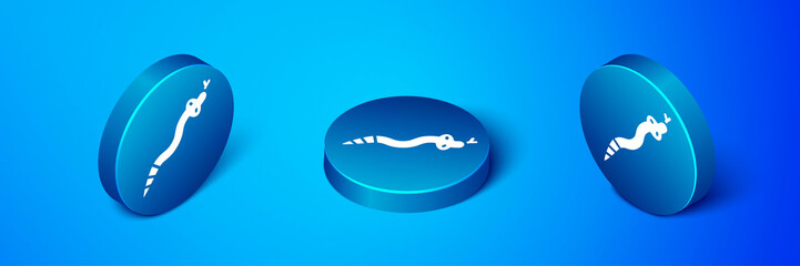 Isometric Snake icon isolated on blue background. Blue circle button. Vector.