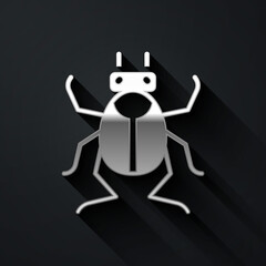 Silver Beetle bug icon isolated on black background. Long shadow style. Vector.