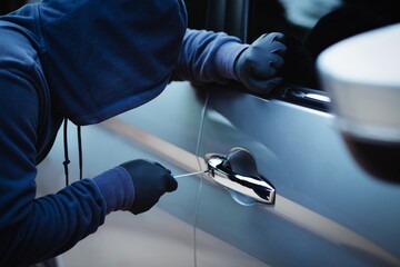  image of thief trying to break into a car.