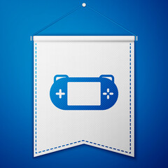 Blue Portable video game console icon isolated on blue background. Gamepad sign. Gaming concept. White pennant template. Vector.