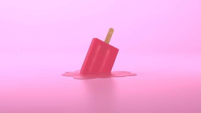 Close-up realistic art of red, fruit, juicy, sweet, fresh popsicle on wooden stick on red, pink pastel background. Minimal summer concept. 3d rendering