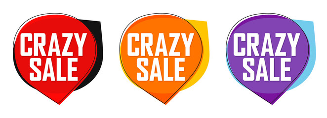 Set Crazy Sale bubble banners design template, discount tags, app icons, vector illustration