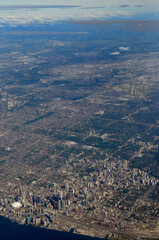 Aerial view of North York and downtown Toronto with highrise towers
