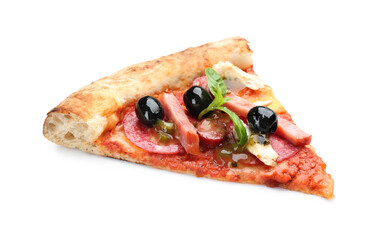 Slice of delicious pizza isolated on white