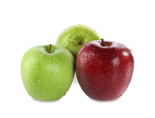Fresh juicy green and red apples with water drops isolated on white