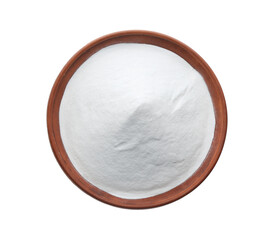 Bowl of baking soda isolated on white, top view