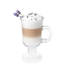 Delicious coffee with lavender isolated on white