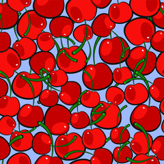 Seamless vector pattern of cherries on a blue background. - 362397958