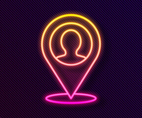 Glowing neon line Map marker with a silhouette of a person icon isolated on black background. GPS location symbol. Vector.
