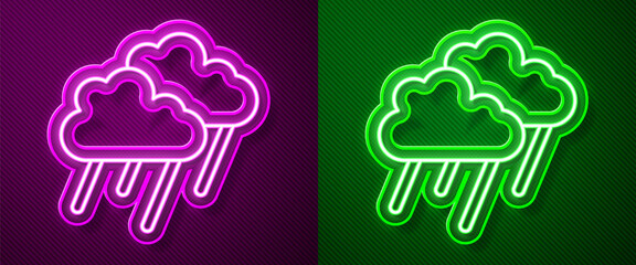Glowing neon line Cloud with rain icon isolated on purple and green background. Rain cloud precipitation with rain drops. Vector.