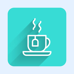 White line Cup of tea with tea bag icon isolated with long shadow. Green square button. Vector.