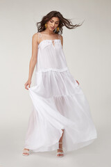 Beautiful woman fashion model makeup brunette hair perfect body shape tanned skin wear clothes...