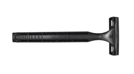 Black shaving razor isolated on white background. Top view of disposable 