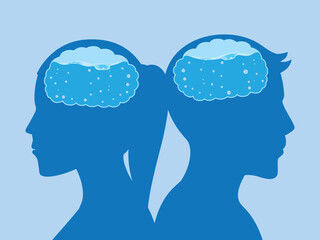 Silhouette people with Water inside of the brain isolated on blue background. Concept Illustration about drink water helps the brain cell work better.