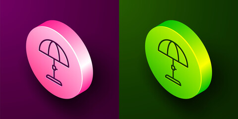 Isometric line Sun protective umbrella for beach icon isolated on purple and green background. Large parasol for outdoor space. Beach umbrella. Circle button. Vector.