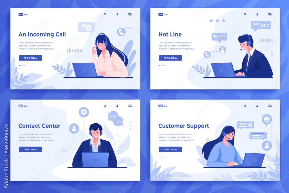 Poster Customer support landing page. Cartoon call center operators and information service with online consultants with headset. Vector illustrations client support consulting web set