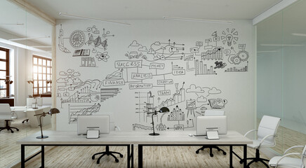 A modern office with creative business strategy sketch drawn on white wall