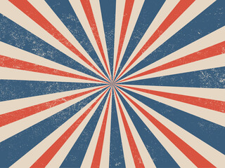 Vintage patriotic red and blue retro burst background. Grunge sunburst design for backdrop, poster and wallpaper 