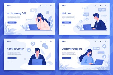 Customer support landing page. Cartoon call center operators and information service with online consultants with headset. Vector illustrations client support consulting web set - obrazy, fototapety, plakaty