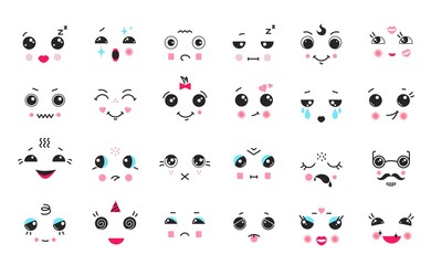 Kawaii faces. Cartoon anime and manga cute emoticons with big black eyes, funny faces with different emotions. Vector cartoons feelings expressions set