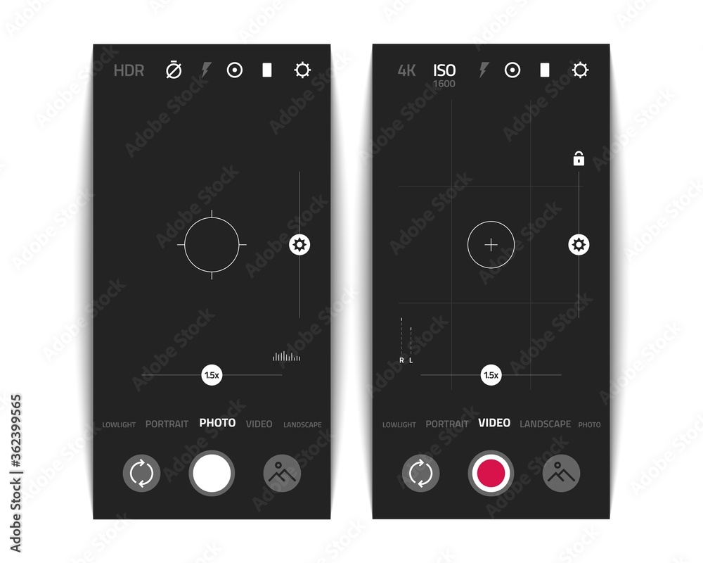 Fototapete Camera UI. Mobile phone application with photo and video viewfinder and UI elements and buttons. Vector design phone screen with icon setO, hand drawnR and flash