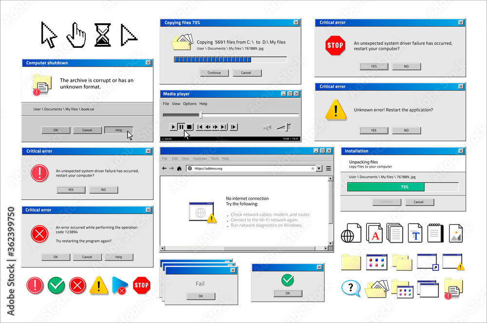 Poster Old computer window. Popup warning, error and installation windows, media player and file manager classic retro design. Vector illustration vintage tab 90s software UI