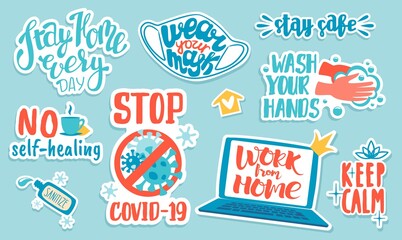 Corona virus stickers. Doodle Covid-19 prevention advice and quotes, hand drawn lettering and badges. Vector illustration pandemic icons set