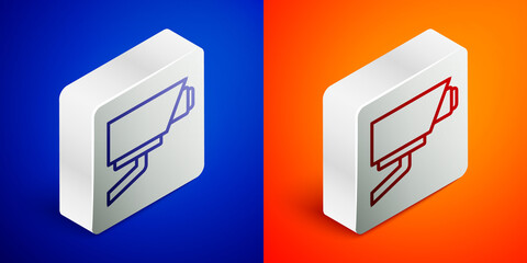 Isometric line Security camera icon isolated on blue and orange background. Silver square button. Vector.