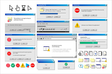 Old computer window. Popup warning, error and installation windows, media player and file manager classic retro design. Vector illustration vintage tab 90s software UI