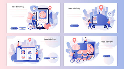 Food delivery service. Tiny people order food online. Screen template for mobile smart phone, landing page, template, ui, web, mobile app, poster, banner, flyer. Modern flat cartoon style. Vector