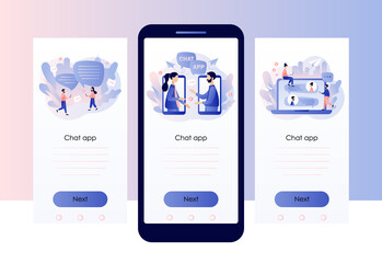 Mobile chat App. Tiny people using mobile smartphone for chatting. Online communication, social networking, messages. Screen template for mobile smart phone. Modern flat cartoon style. Vector 