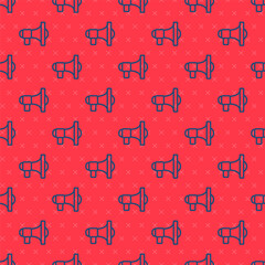 Blue line Megaphone icon isolated seamless pattern on red background. Speaker sign. Vector.