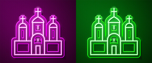 Glowing neon line Church building icon isolated on purple and green background. Christian Church. Religion of church. Vector.