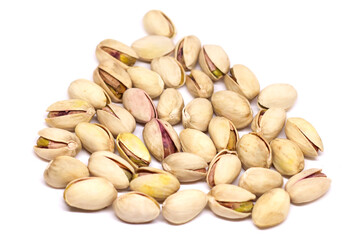 Salted Pistachios close up shot in white background