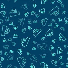 Green line Human skull in the ground icon isolated seamless pattern on blue background. Vector.