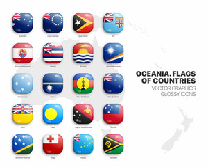 Oceania Countries Flags Vector 3D Glossy Icons Set Isolated On White Background. Oceanian Official National Flags Square Bright Vivid Color Bulging Convex Buttons Collection On Light Backdrop