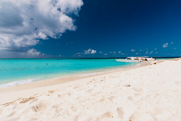 Fototapeta na wymiar Sandy Island, Caribbean - January 18 2020: small desert atoll in the Caribbean sea