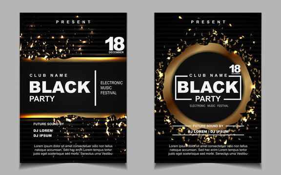 Night party music layout poster design template background with elegant black and light gold style. Luxury cover electro style vector for concert disco, club party, event flyer,  invitation nightclub