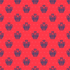 Blue line Ancient amphorae icon isolated seamless pattern on red background. Vector.