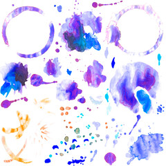 Set of violet watercolor isolated image of circles of coffee and from tea closeup with blot and spray