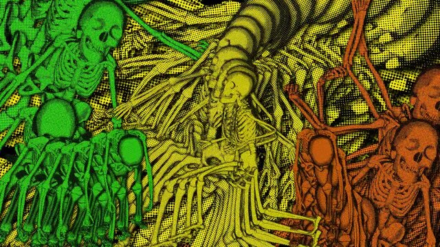 Seamless funny animation of dancing skeleton with echo effect in halftone photocopy printed style.Halloween zine culture video loop with a trendy cool video feedback psychedelic look