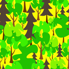 Seamless vector pattern of trees in the forest on a yellow background.  - 362402910