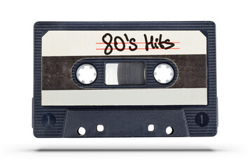 Old audio tape cassette with 80's hits text