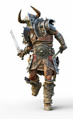 Savage warrior running into battle wearing traditional armor and equipped with a sword . Fantasy themed character on a white background. 3d Rendering