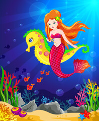 Fototapeta na wymiar Beautiful mermaid riding seahorse /Marine life/Marine princess