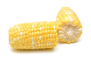 Boiled corn on white background with reflection