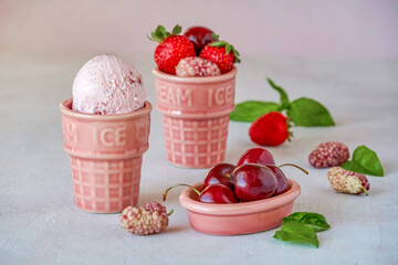 Berry ice cream with strawberry, cherry and mulberry . Closeup
